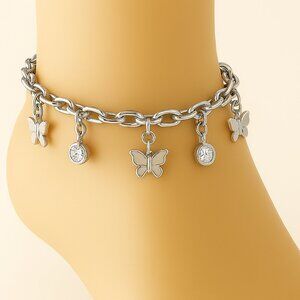 Silver-Tone Butterfly Charm Anklet & Matching Toe Ring, Crystal Boho Jewelry Set